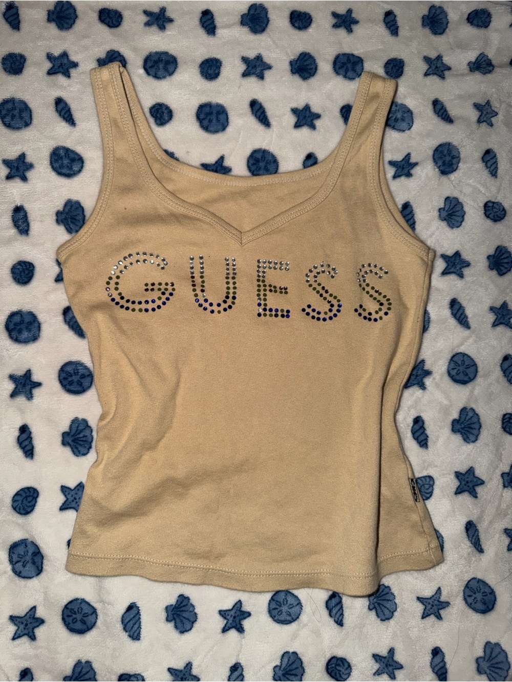 GUESS Beige Tank Top with Rhinestone Logo
